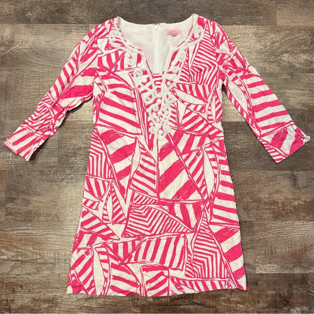 Lilly Pulitzer Pink and White Julianna Tunic Mini Dress Beaded Dress XS